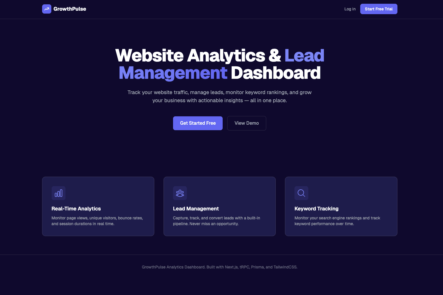 Screenshot of GrowthPulse — Website Analytics & Lead Management Dashboard